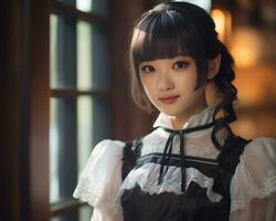 süß asiatisch jung Mädchen gekleidet im lolita Maid Kleid ai generativ foto
