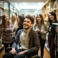 jung Mann im ein Rollstuhl umgeben durch freunde im das Bibliothek foto