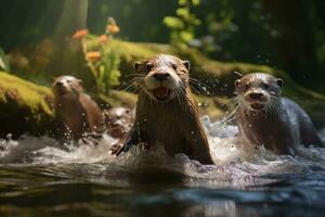 Gruppe von spielerisch Otter Schwimmen im das Fluss ai generativ foto