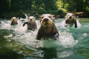 Gruppe von spielerisch Otter Schwimmen im das Fluss ai generativ foto