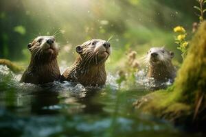 Gruppe von spielerisch Otter Schwimmen im das Fluss ai generativ foto