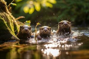 Gruppe von spielerisch Otter Schwimmen im das Fluss ai generativ foto