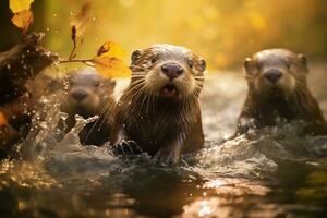 Gruppe von spielerisch Otter Schwimmen im das Fluss ai generativ foto