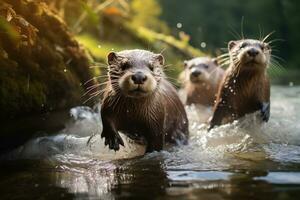 Gruppe von spielerisch Otter Schwimmen im das Fluss ai generativ foto
