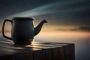 ein schwarz Teekanne auf ein hölzern Tabelle mit ein Sonnenuntergang im das Hintergrund. KI-generiert foto