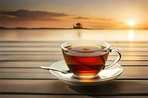 ein Tasse von Tee auf das Strand. KI-generiert foto