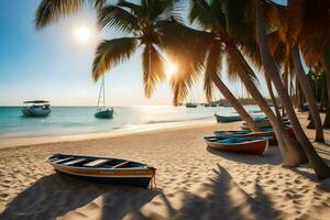 Boote auf das Strand beim Sonnenuntergang mit Palme Bäume. KI-generiert foto