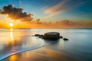 ein Sonnenuntergang Über das Ozean mit Felsen auf das Strand. KI-generiert foto