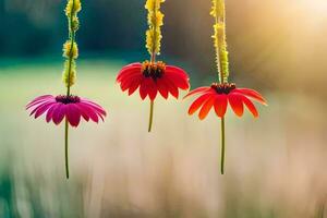 drei rot Blumen hängend von ein Schnur. KI-generiert foto