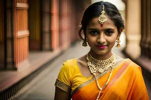ein jung indisch Frau tragen ein traditionell Sari. KI-generiert foto