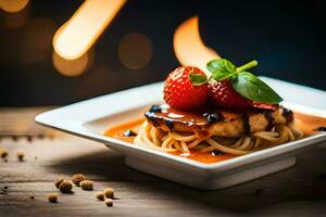 ein Teller von Spaghetti mit Erdbeeren und Soße. KI-generiert foto
