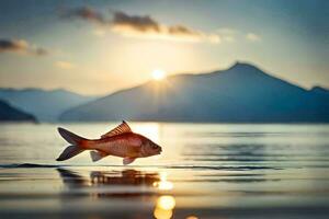 ein Fisch ist Stehen auf das Wasser beim Sonnenuntergang. KI-generiert foto