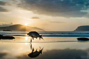 ein Vogel ist Gehen auf das Strand beim Sonnenuntergang. KI-generiert foto