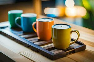 vier bunt Kaffee Tassen auf ein hölzern Tablett. KI-generiert foto