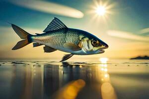 ein Fisch ist Springen aus von das Wasser beim Sonnenuntergang. KI-generiert foto