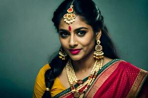 ein indisch Frau tragen traditionell Schmuck und Schmuck. KI-generiert foto