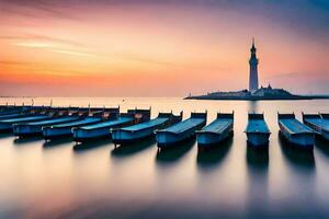 Boote sitzen im das Wasser beim Sonnenuntergang mit ein Leuchtturm im das Hintergrund. KI-generiert foto