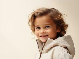 glücklich europäisch Kind im beiläufig Kleidung gegen ein neutral Hintergrund ai generativ foto