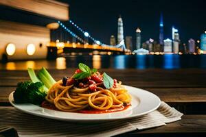 ein Teller von Spaghetti mit Tomate Soße und Brokkoli auf ein hölzern Tabelle im Vorderseite von das Stadt Horizont. KI-generiert foto