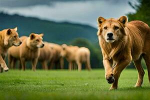 ein Gruppe von braun Hunde Laufen im das Gras. KI-generiert foto