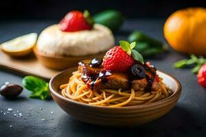 Spaghetti mit Fleisch und Beeren auf ein hölzern Platte. KI-generiert foto