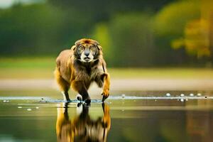 ein Löwe Gehen über ein See mit Wasser. KI-generiert foto
