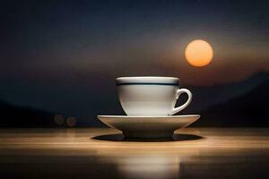 ein Tasse von Kaffee auf ein Tabelle im Vorderseite von ein voll Mond. KI-generiert foto