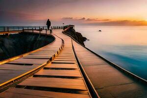 ein Mann Spaziergänge entlang ein hölzern Gehweg auf das Strand beim Sonnenuntergang. KI-generiert foto