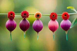 fünf bunt Blumen sind hängend von ein Ast. KI-generiert foto