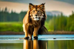 ein Löwe Gehen über ein See. KI-generiert foto