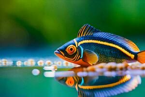 ein Fisch mit ein bunt Schwanz ist reflektiert im das Wasser. KI-generiert foto
