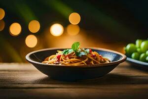 Spaghetti mit Tomate Soße und frisch Grün Trauben auf ein hölzern Tisch. KI-generiert foto