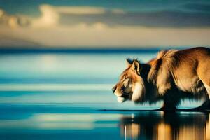 ein Löwe Stehen auf das Strand mit Wasser im das Hintergrund. KI-generiert foto