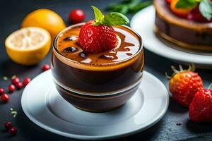 Schokolade Pudding mit Erdbeeren und ein Scheibe von Zitrone. KI-generiert foto