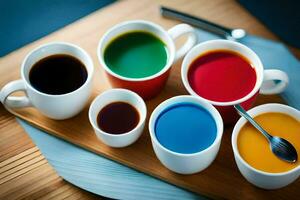 ein Gruppe von vier Tassen mit anders farbig Flüssigkeiten. KI-generiert foto