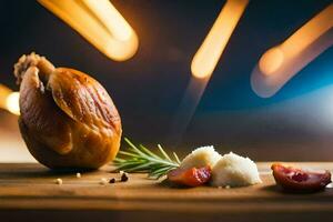 geröstet Hähnchen auf ein hölzern Schneiden Tafel. KI-generiert foto