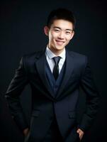lächelnd jung Mann von asiatisch Abstammung gekleidet im passen auf grau Hintergrund ai generativ foto