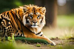 ein Tiger ist Sitzung im das Gras. KI-generiert foto