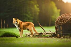 ein Hund Stehen im das Gras Nächster zu ein Korb. KI-generiert foto