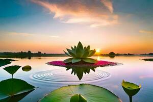 ein Lotus Blume ist im das Mitte von ein See beim Sonnenuntergang. KI-generiert foto
