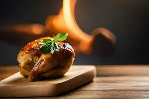 ein Hähnchen auf ein hölzern Schneiden Tafel mit ein Flamme im das Hintergrund. KI-generiert foto