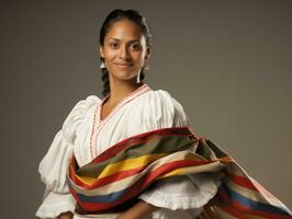 lächelnd jung Frau von Mexikaner Abstammung gekleidet im elegant Kleid auf grau Hintergrund ai generativ foto