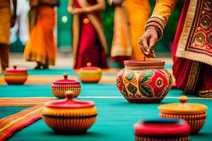 indisch Hochzeit Zeremonie mit bunt Töpfe. KI-generiert foto