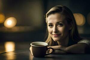 ein Frau ist lächelnd während halten ein Tasse von Kaffee. KI-generiert foto