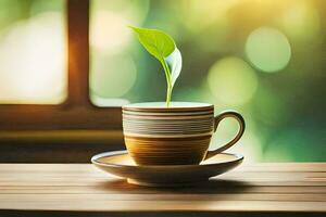 ein Grün Pflanze Sprossen von ein Tasse von Kaffee. KI-generiert foto
