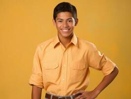 lächelnd jung Mann von Mexikaner Abstammung gegen neutral Hintergrund ai generativ foto