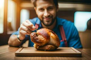 ein Mann ist halten ein Stück von Fleisch auf ein hölzern Schneiden Tafel. KI-generiert foto