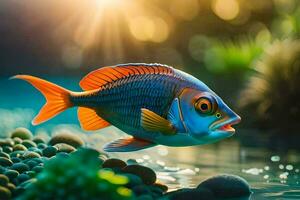 ein Fisch Schwimmen im das Wasser mit Felsen und Pflanzen. KI-generiert foto