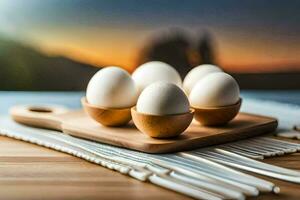 Eier auf ein hölzern Schneiden Tafel mit ein Sonnenuntergang im das Hintergrund. KI-generiert foto