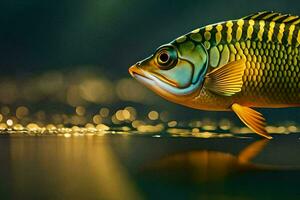 ein Fisch ist Stehen auf das Wasser mit ein Gold Hintergrund. KI-generiert foto